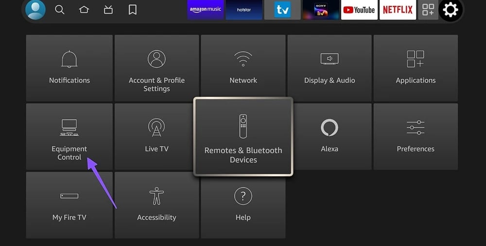 Amazon Fire TV Settings Menu with press equipment control Option Highlighted
