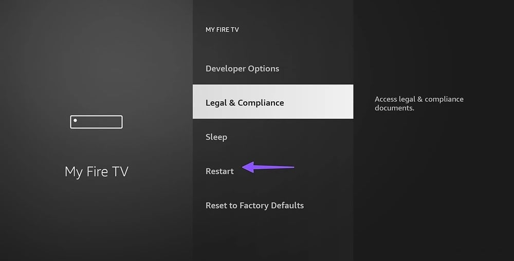 Amazon Fire TV Settings Menu with Restart Option Highlighted