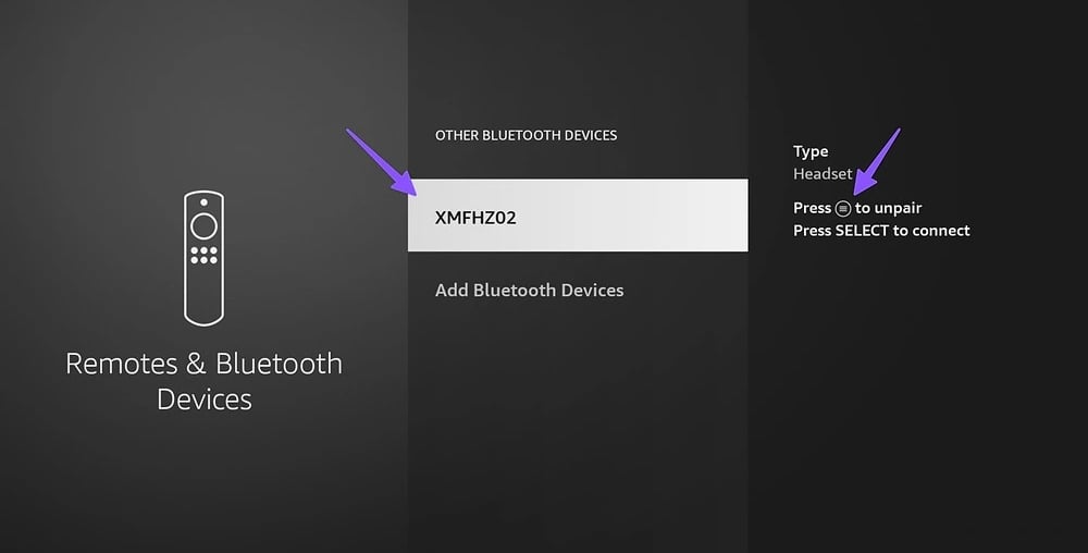 Amazon Fire TV Settings Menu with press to unpair Option Highlighted