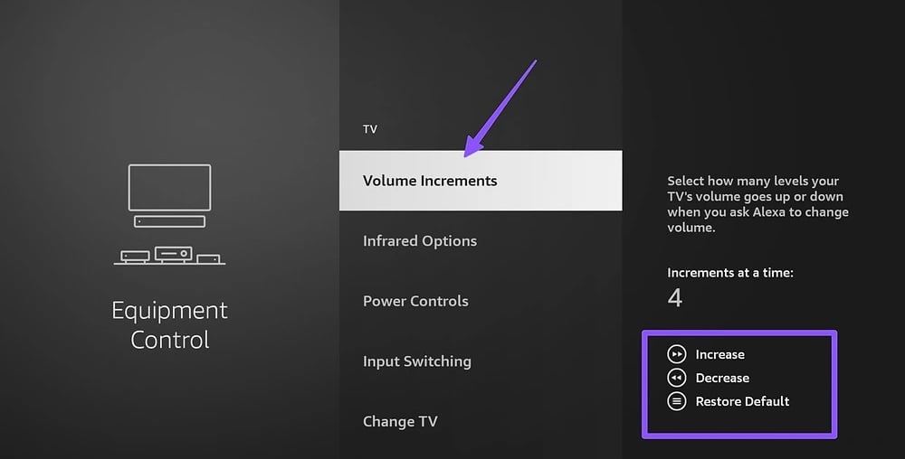 Amazon Fire TV Settings Menu with volume increments Option Highlighted