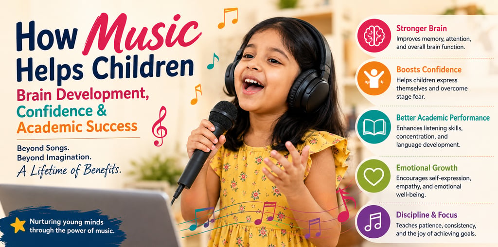 Child singing during an online music lesson to develop confidence, communication skills, and musical