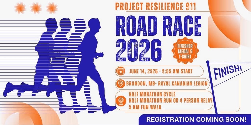 Project Resilience 911 Road Race 2026 poster for half marathon and 5k run in Brandon, MB.
