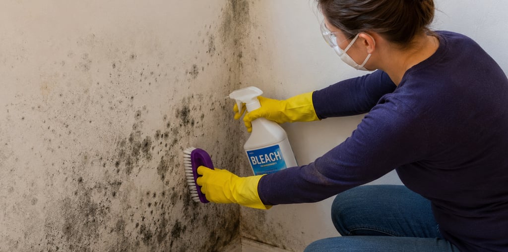 A person wearing gloves and a mask uses bleach and a scrub brush to remove black mold from a white wall.
