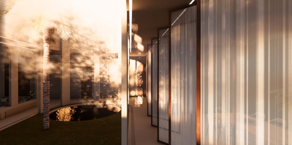 Woven louver screens casting soft shadows in a sunlit corridor.