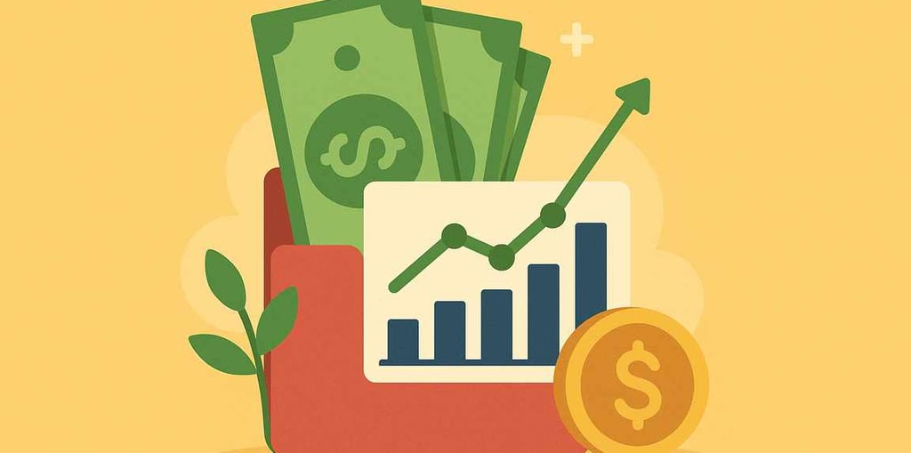 statestik, pengar och dollartecken i en plånbok med gul bakgrund