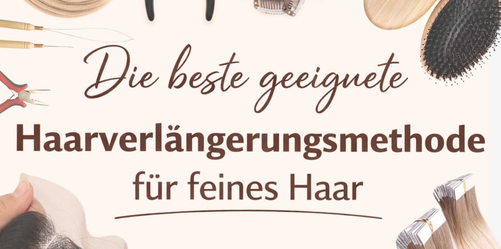Haarverlängerungsmethode für feines Haar mit Zubehör wie Extensions, Bürsten und Clips.