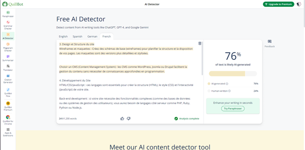 Quillbot: AI Detector Section: This tab shows the AI's contribution to the generated text.