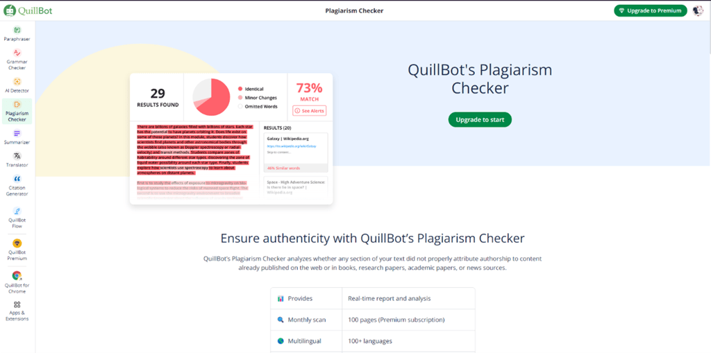 Quillbot: Plagiarism Checker Section: Check your text for plagiarism.