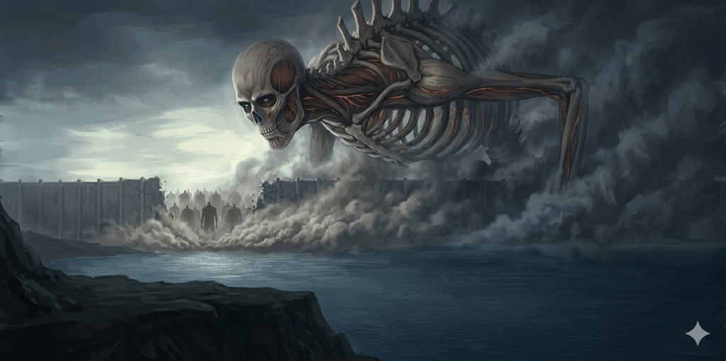 Giant skeletal Founding Titan looming over a broken wall with steam and Colossal Titans in the background.