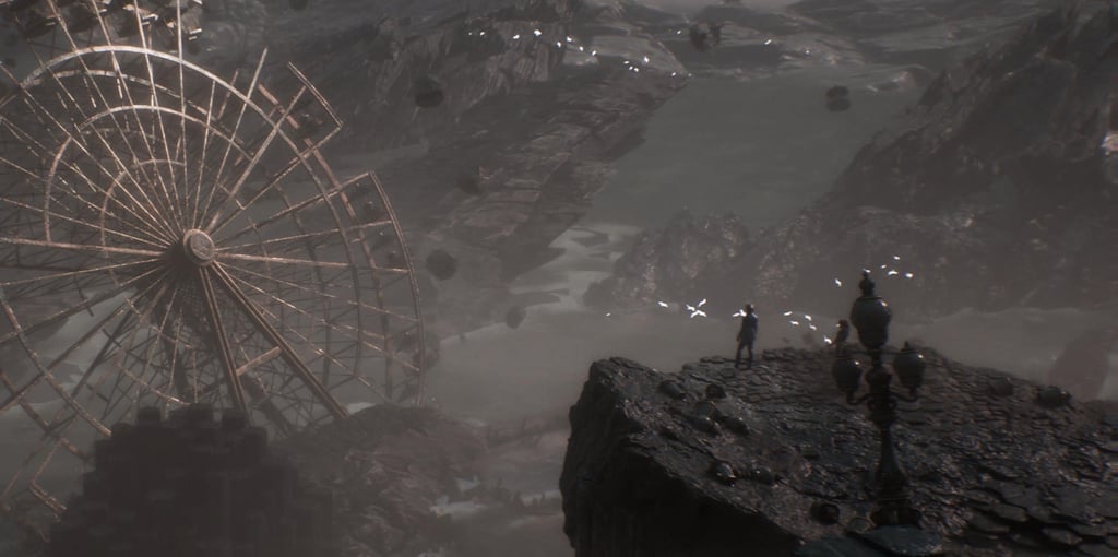 Expedition 33 Clair Obscur a ferris wheel in a mountain area with a ferris wheel