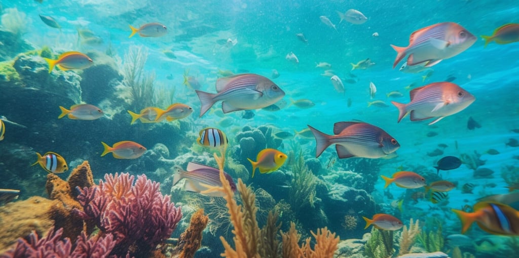 a group of fish swimming in the ocean