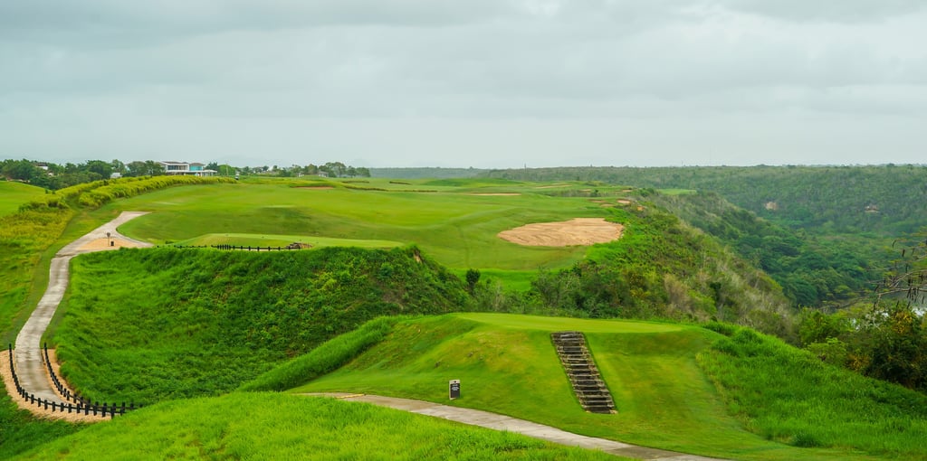 Dye Fore Golf Course in Casa de Campo, Dominican Republic with dramatic cliffside fairways and river views