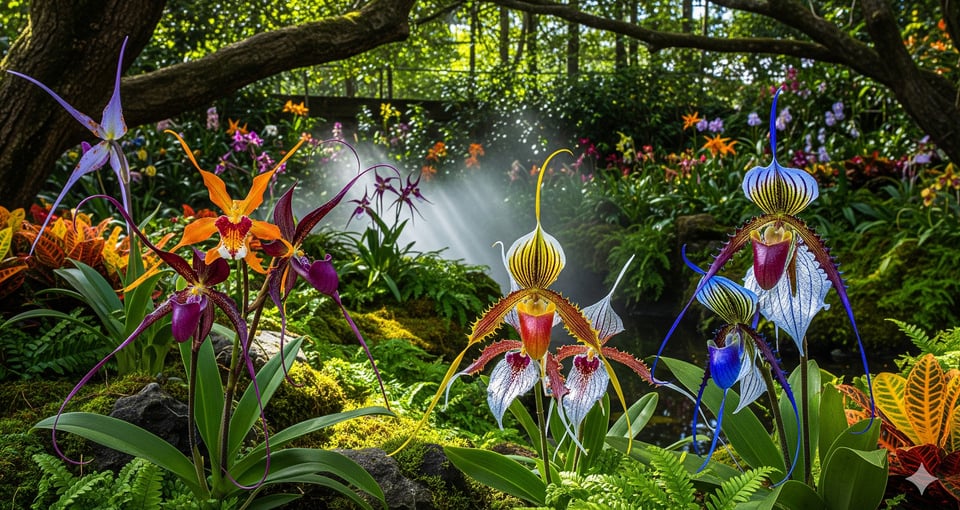 strange flowers and orchids in wooded realm