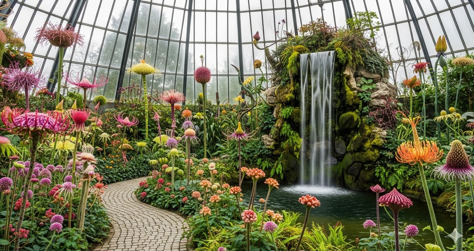 inside greenhouse with weird flowers