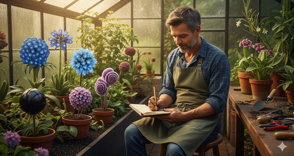 man in greenhouse writing amidst strange flowers