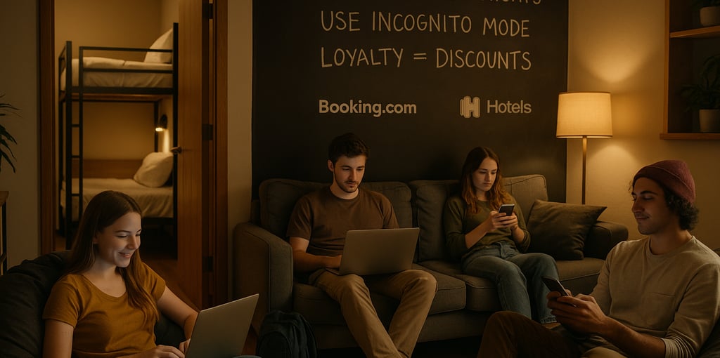 "Young travelers relaxing in a modern hostel common area with cozy seating and shared workspace. A chalkboard wall displays a