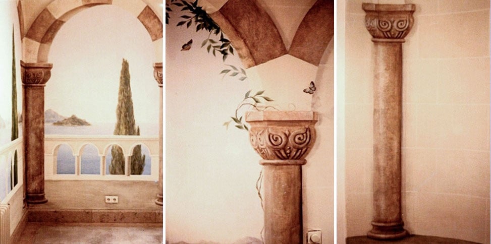 Three details of Moorish-style trompe l’oeil mural in boutique tile showroom, by House of Lyria