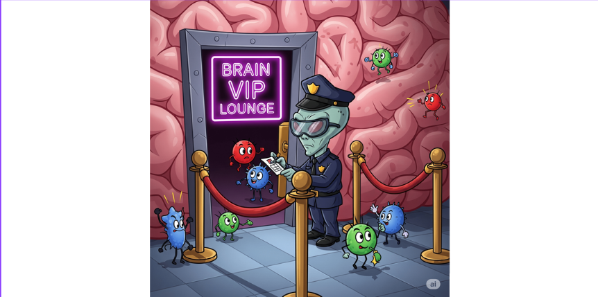 Brain security: a cartoon of a molecule VIP lounge with an alien bouncer, illustrating the brain's selective access control