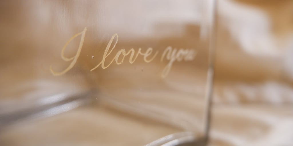 Hand engraved glass vase with I love you customized by New York City engraver Handwritten by Belle.