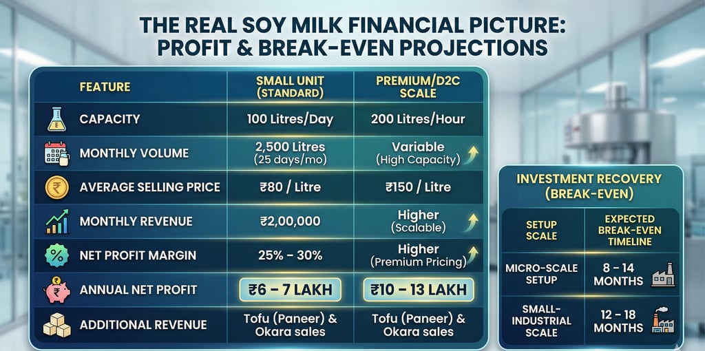 Financial chart showing soy milk business profit projections and break-even timelines for small units.