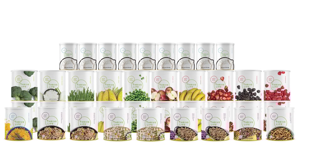 Cans of Thrive Freeze Dried Food showcasing proteins, fruits, vegetables and milk.