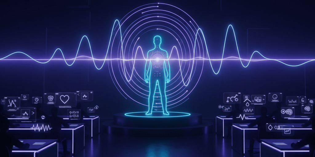 Founder sending emotional resonance waves across a room of investors, representing memorable storyte