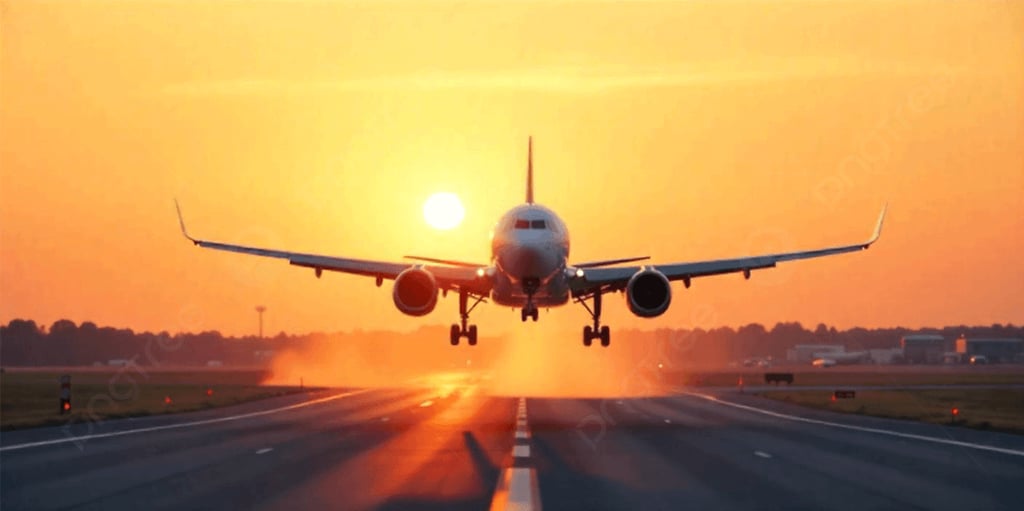 a plane taking off from the runway at sunset