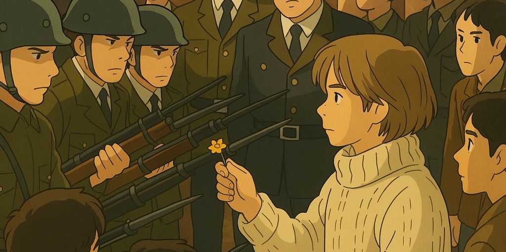 Peaceful protest: Child with flower vs. soldiers