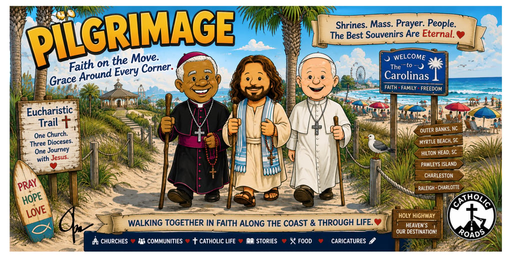 Cartoon Bishop prayer walking with Jesus and the Pope at a beach in the Carolinas.