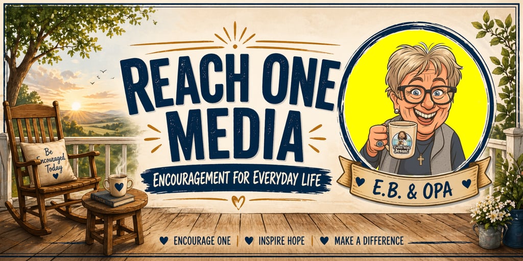 Caricature of E.B drinking coffee with Jesus on a beautiful porch in the country