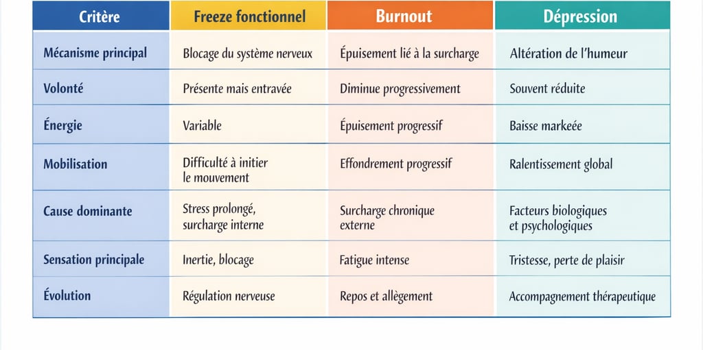 ableau comparatif différence freeze burnout dépression blocage système nerveux