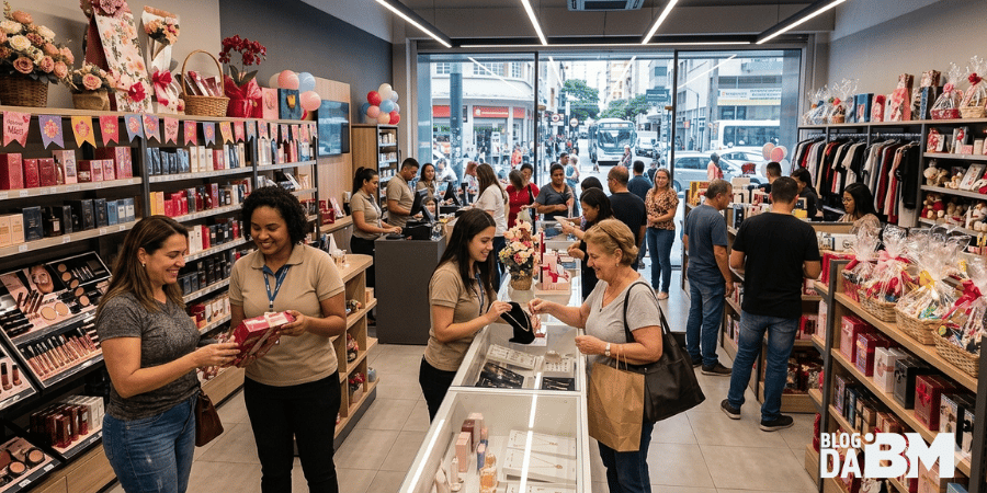 Interior de uma loja de varejo brasileira movimentada no centro da cidade, com clientes escolhendo