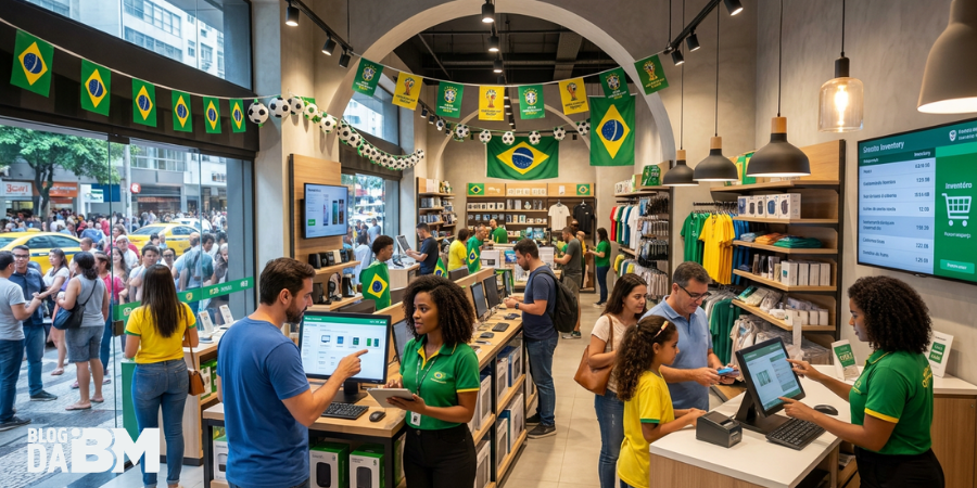 Loja de varejo em rua movimentada do Brasil, com clientes escolhendo produtos de festa nas prateleir