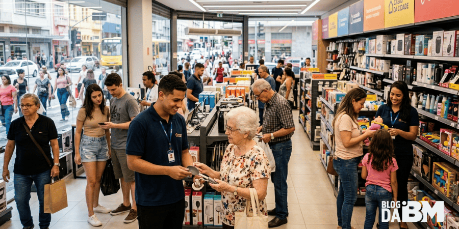 Loja de varejo brasileira movimentada em um centro comercial, com clientes de diferentes idades obse
