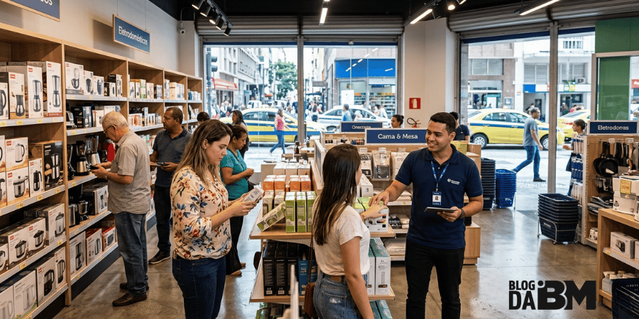 Loja de varejo brasileira com clientes olhando produtos em gôndolas organizadas