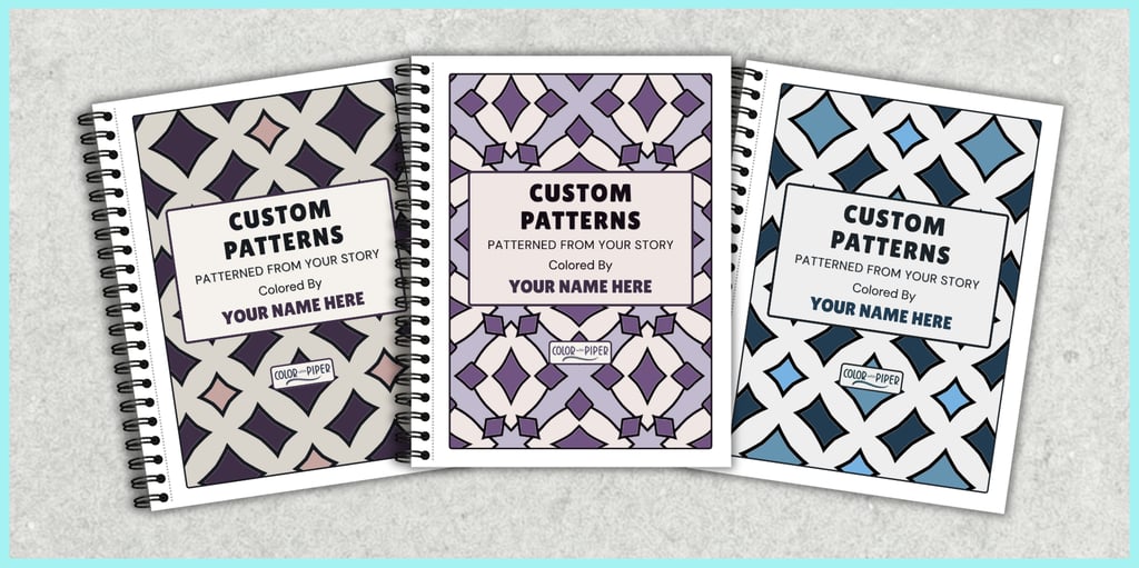3 wirebound coloring books with geometric patterns entitled CUSTOM PATTERNS