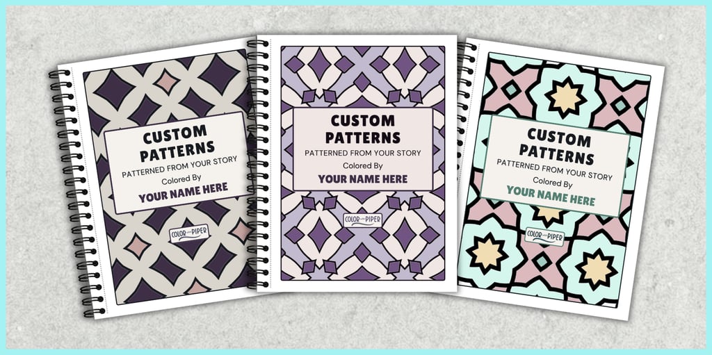 3 wirebound coloring books with geometric patterns entitled CUSTOM PATTERNS