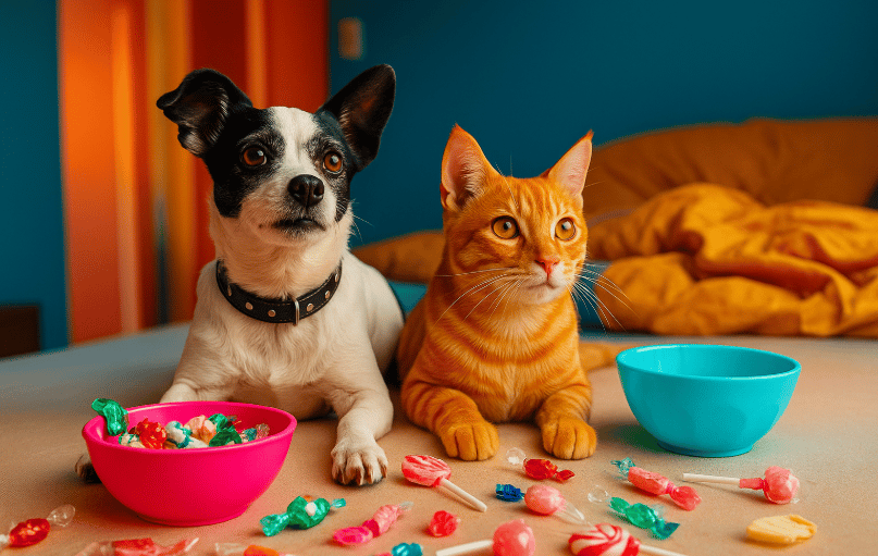 Cachorro e gato em ambiente com decoração pet-friendly e brinquedos, a tendência pra pets em casa