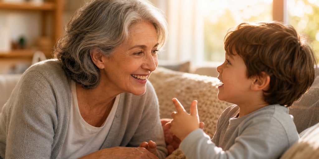 Avó sorrindo enquanto ouve seu neto contar história, reconexão familiar All Sounds