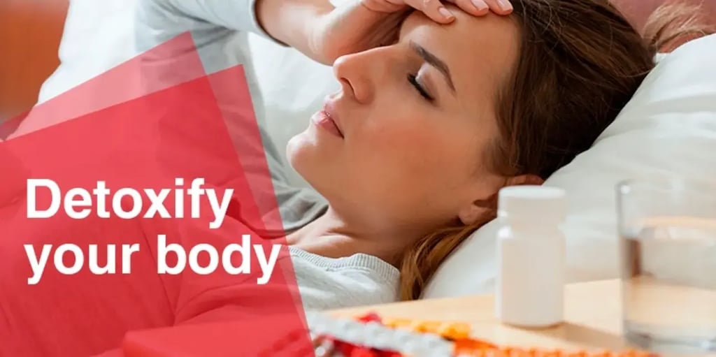 woman with headache in bed, text 'detoxify your body'