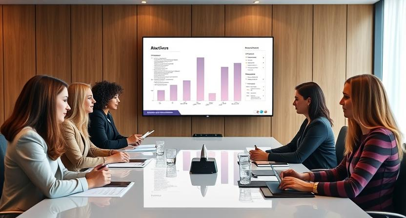 a group of people sitting around a table with a large screen