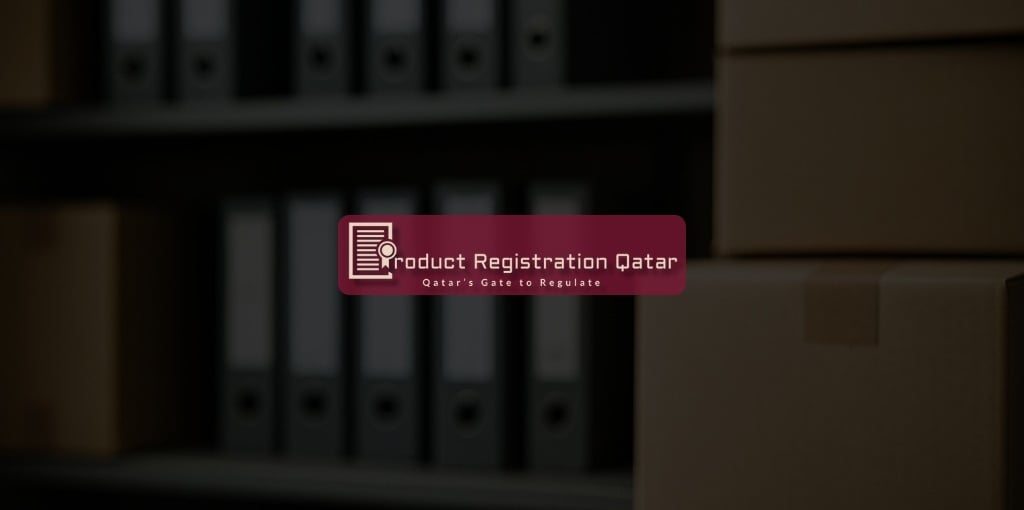 Blurred shelves with files and shipping boxes representing Qatar product registration and document preparation workflow.