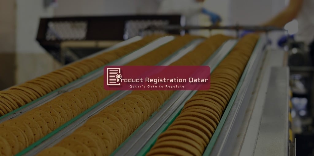 Product Registration Qatar Logo and Slogan with Food and beverage factory in background