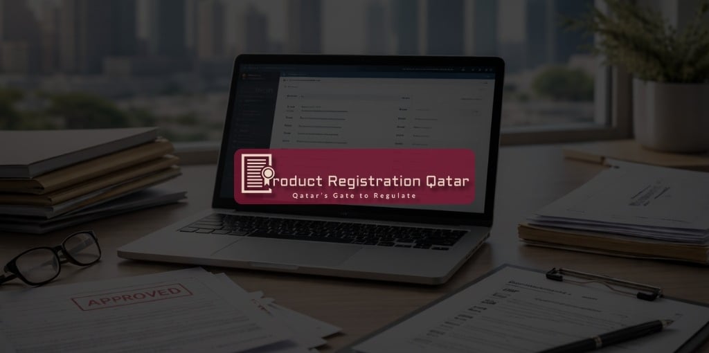 Product Registration Qatar branded MoPH portal workspace with approval documents on a professional desk in Doha