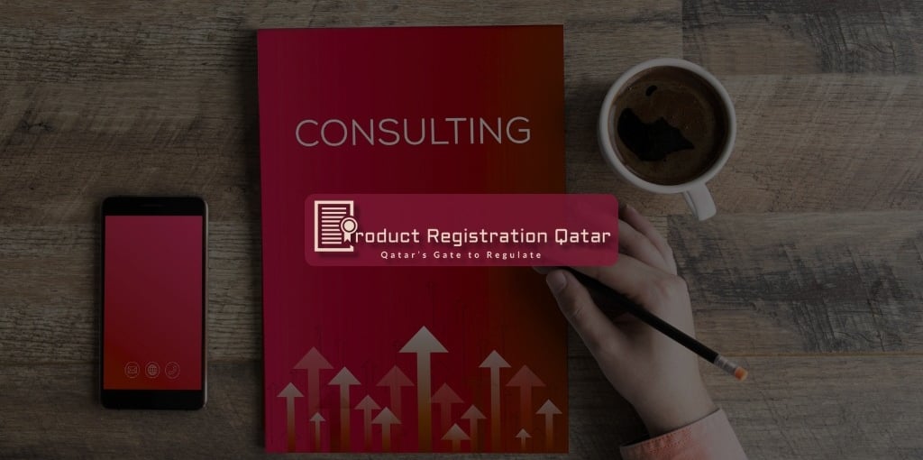 Regulatory consulting visual with upward trends and Qatar branding for product registration.
