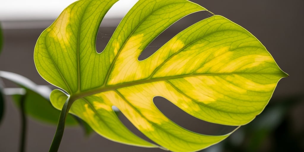 Hoja de planta de interior volviéndose amarilla por problemas de cuidado.