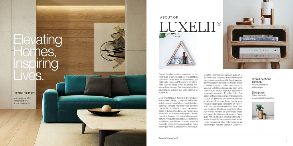 Living room catalog featuring a stylish couch, a table, and detailed descriptions of the decor.