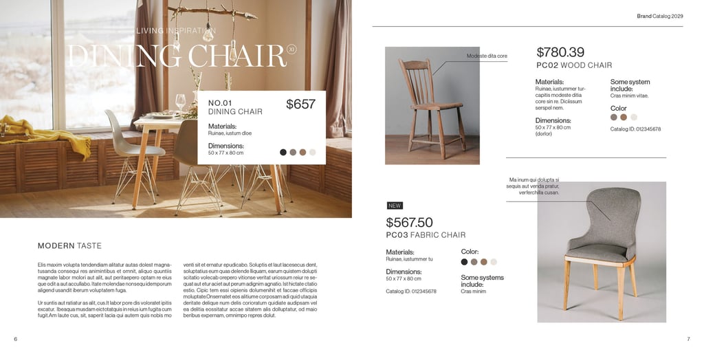 Two-page layout: Modern chairs, pricing grid, and lifestyle image.