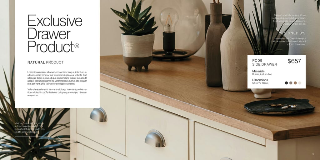 Home decor catalog spreadsheet featuring a cream wooden dresser with matching accessories and detail