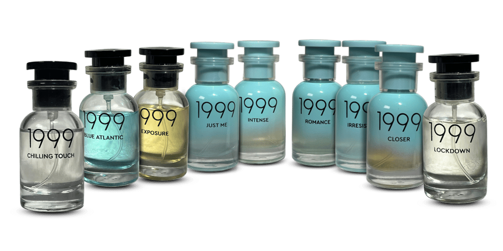 1999 perfume collection featuring glass bottles labeled Chilling Touch, Lockdown, and other fragrances.